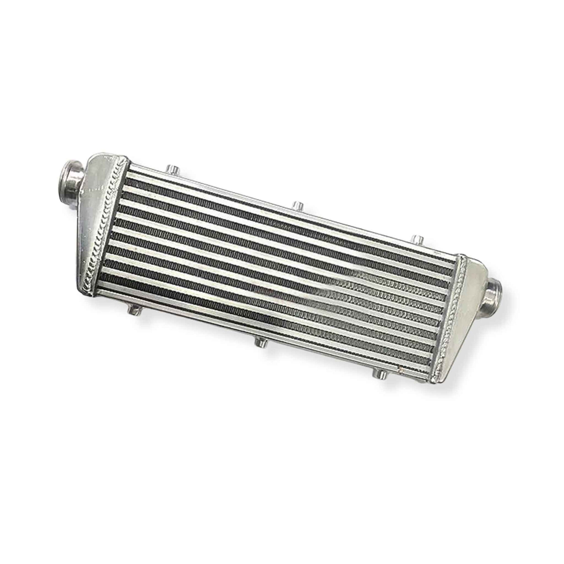 Right side angle of universal turbo intercooler 23x8x2 aluminum core with 2.25-inch outlet